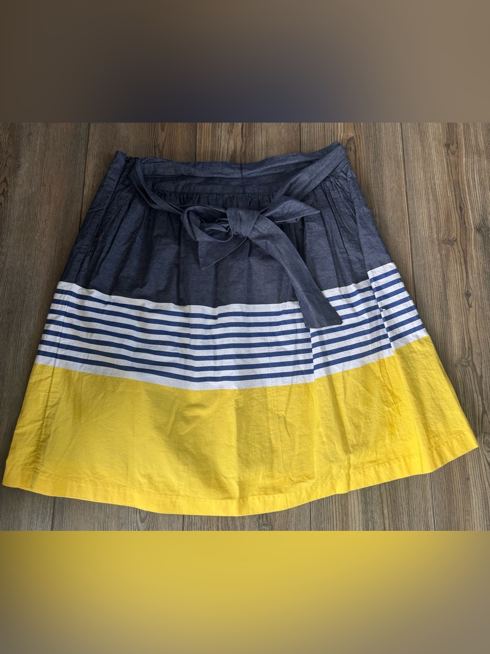 crown & ivy Navy, White and Yellow Striped A-Line Skirt with Waist Tie